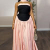 Women Summer Strapless Color Block Pleated Dress