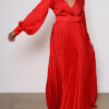 Women V Neck Long Sleeve High Waist Pleated Maxi Dress
