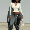 Women's autumn and winter contrast color zipper top elastic high waist trousers two piece set