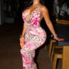 Women's Chic Flower Leopard Print V-neck Low Back Slim Long Dress