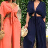 Women's Deep V Lace-Up Top Wide-Leg Pants Set