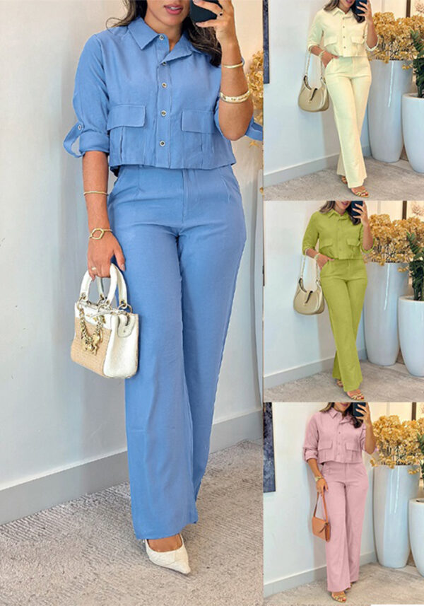Women's Fashion Long Sleeve Crop Top & Wide-Leg Pants Set