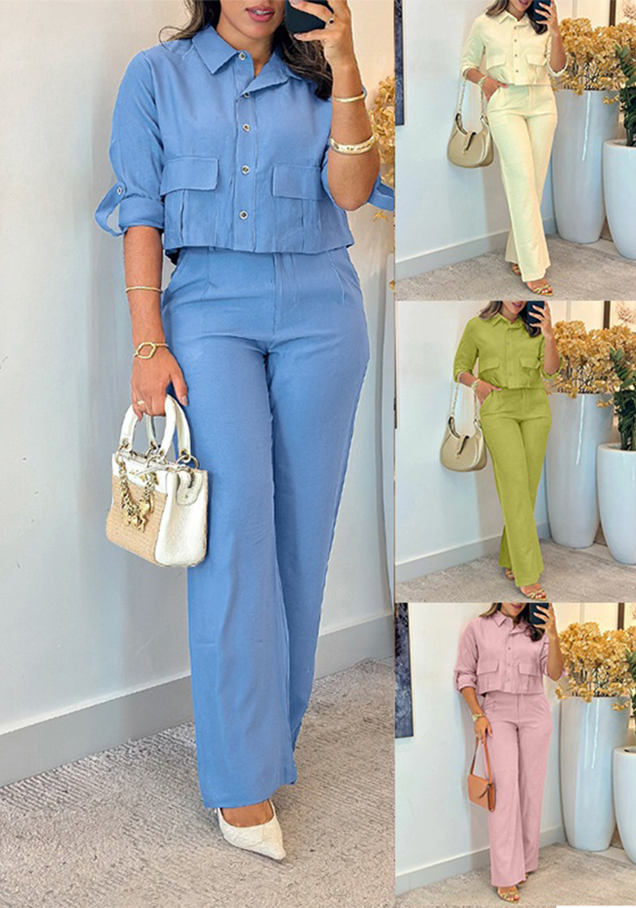 Women's Fashion Long Sleeve Crop Top & Wide-Leg Pants Set