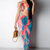 Women's multicolor printed Halter Neck Open Waist Low Back Irregular Nightclub Dress