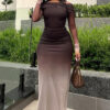 women's slim gradient color See-Through long sleeve Off Shoulder long dress
