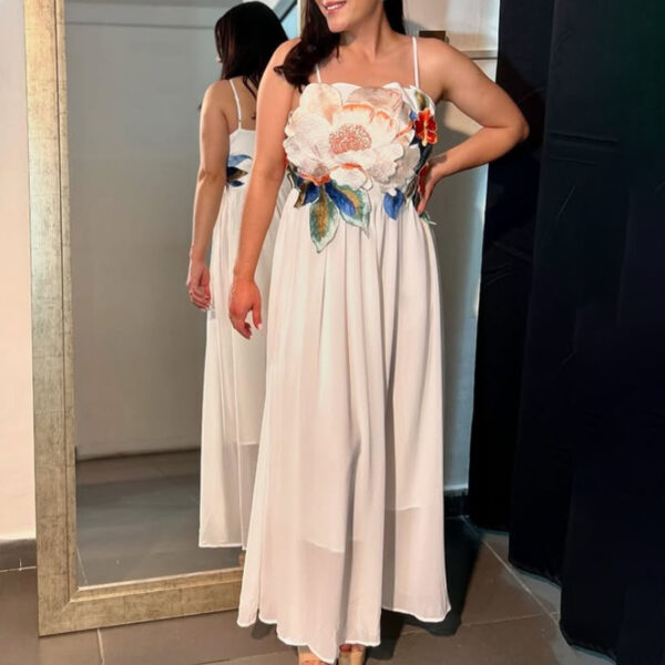 Women's Summer Beach Holidays Style Strap Embroidered Flower Long Dress