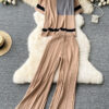 Women's Summer Color-Block Round Neck Knit Top & Loose Long Pants Casual Two-Piece Set