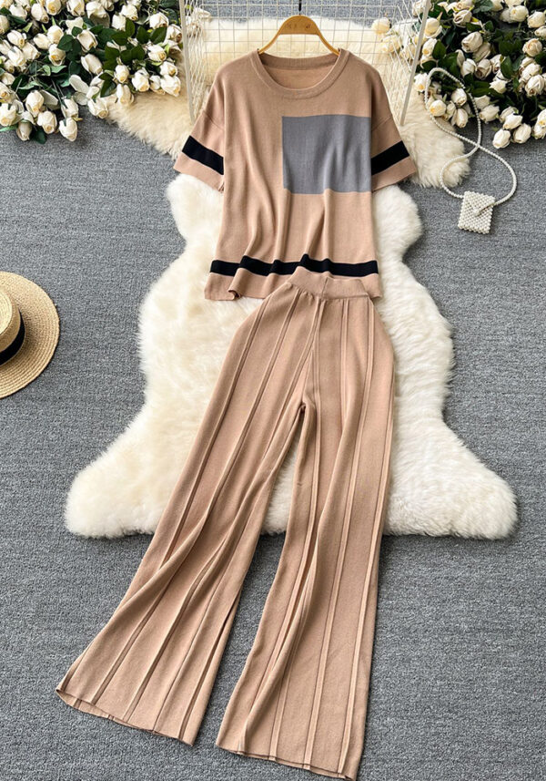 Women's Summer Color-Block Round Neck Knit Top & Loose Long Pants Casual Two-Piece Set