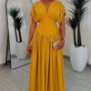 Women's V-Sleeve Elastic Slim Waist Solid Color African High-Waist Long Dress