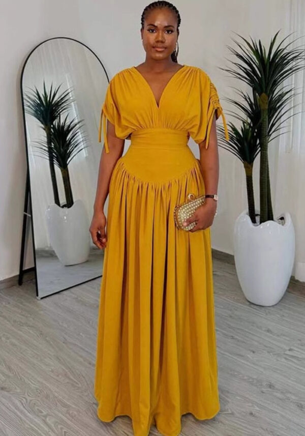 Women's V-Sleeve Elastic Slim Waist Solid Color African High-Waist Long Dress