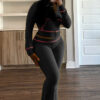 Women's Waffle texture hooded Bell Bottom Casual two piece pants set