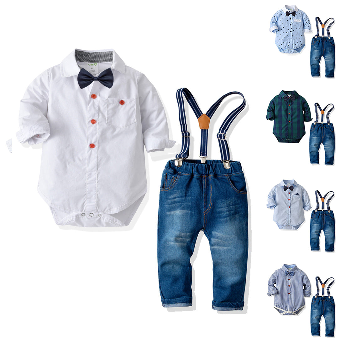 2 Pieces Set Baby Boys Dressy Birthday Party Solid Color Striped Polka dots Checked Bow Rompers And Jeans Wholesale 211109276