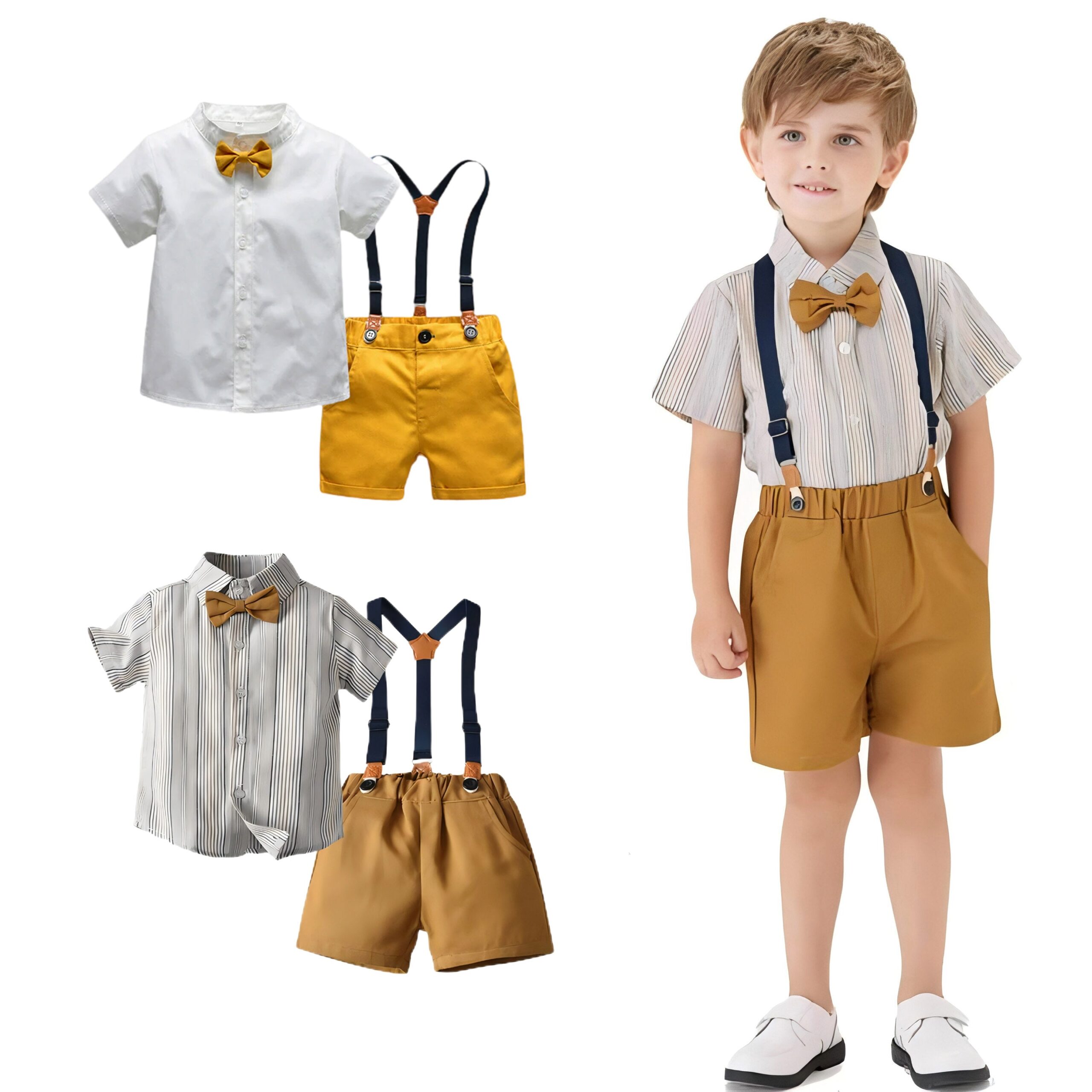 2 Pieces Set Baby Kid Big Kid Boys Striped Bow Shirts And Solid Color Rompers Wholesale 220302254