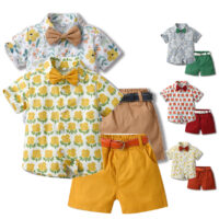2 Pieces Set Baby Kid Boys Birthday Flower Bow Print Shirts And Solid Color Ribbon Shorts Wholesale 230308522