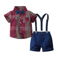 2 Pieces Set Baby Kid Boys Birthday Party Checked Bow Shirts And Solid Color Rompers Wholesale 221216225