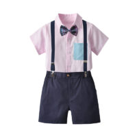 2 Pieces Set Baby Kid Boys Birthday Party Color-blocking Bow Shirts And Solid Color Rompers Wholesale 220531518