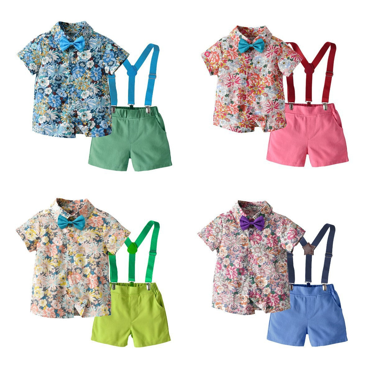 2 Pieces Set Baby Kid Boys Birthday Party Flower Bow Print Shirts And Solid Color Shorts Wholesale 22121482