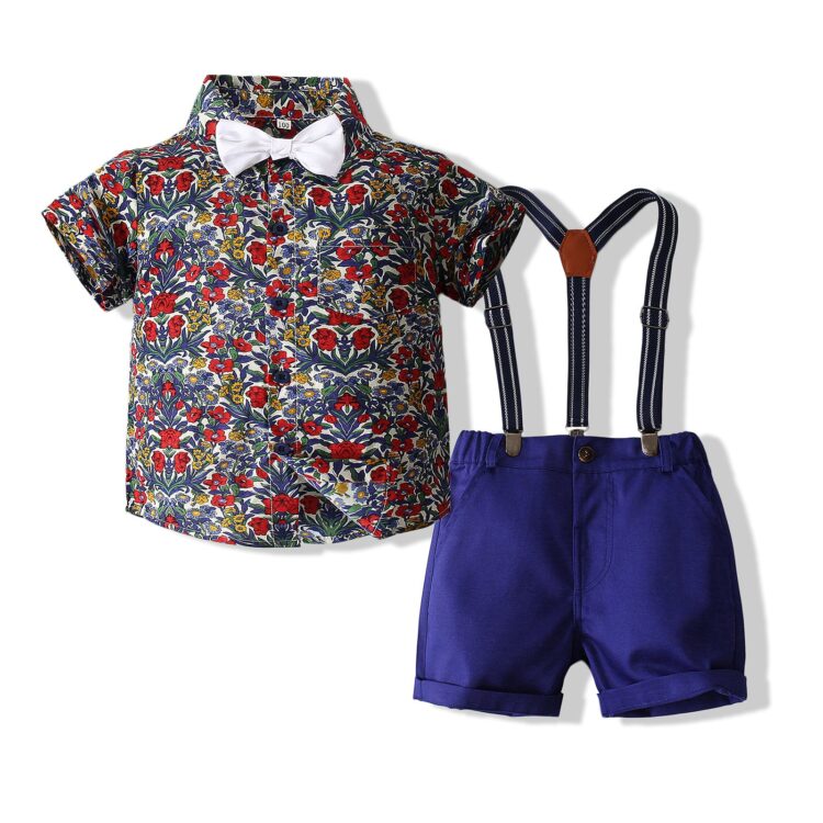 2 Pieces Set Baby Kid Boys Birthday Party Flower Bow Print Shirts And Solid Color Rompers Wholesale 230308344