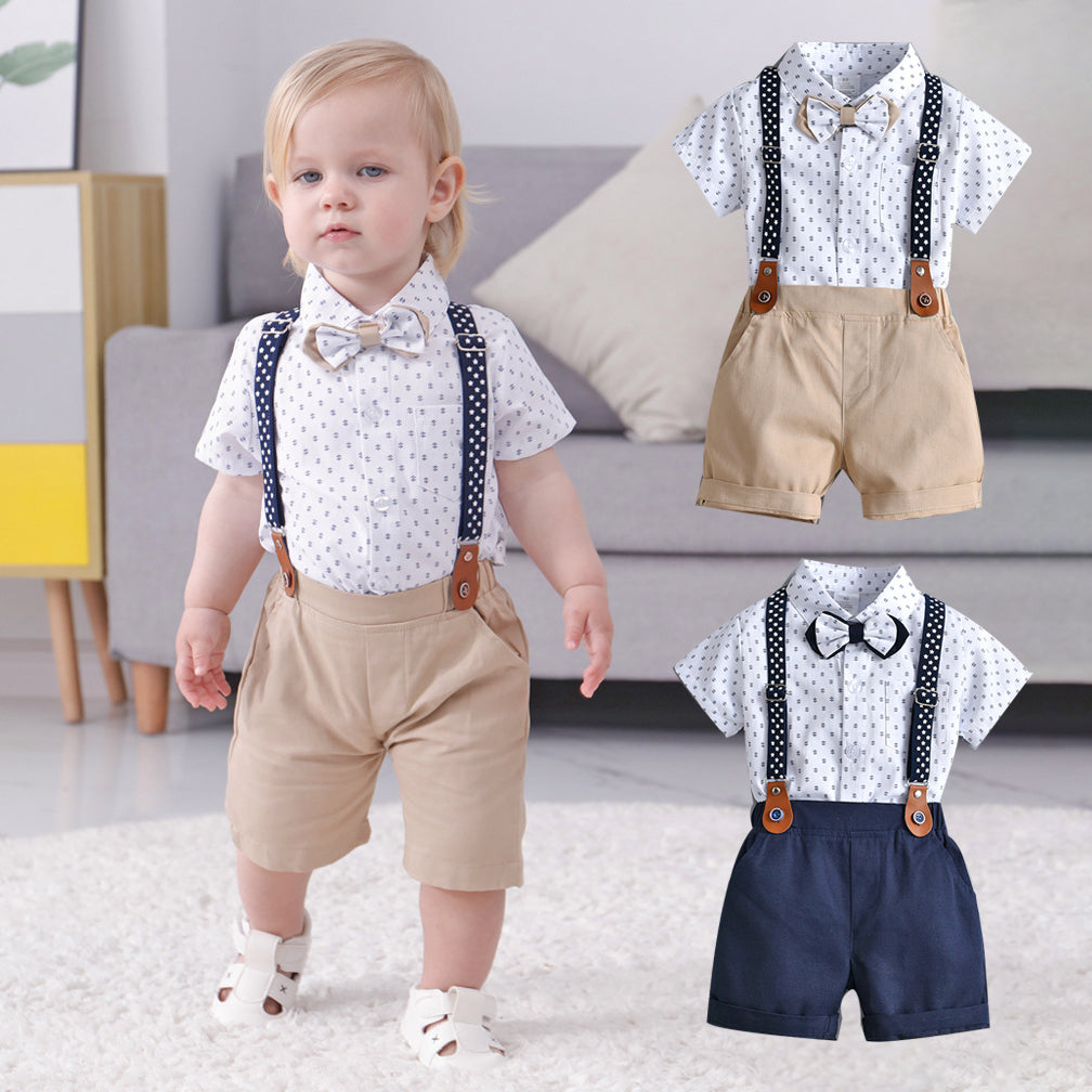 2 Pieces Set Baby Kid Boys Cartoon Bow Print Shirts And Solid Color Shorts Suits Wholesale 230114231