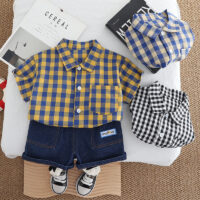 2 Pieces Set Baby Kid Boys Checked Shirts And Solid Color Shorts Wholesale 250604111