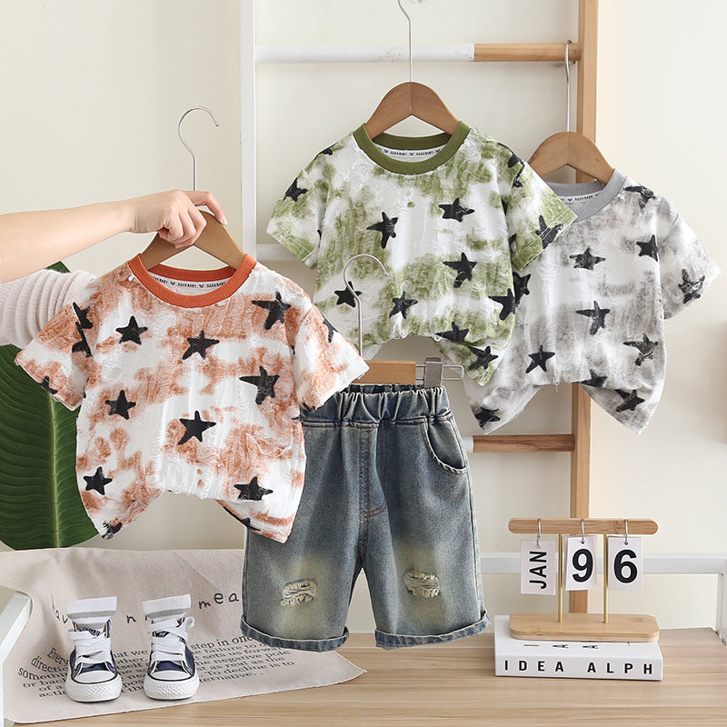 2 Pieces Set Baby Kid Boys Color-blocking Star Tops And Solid Color Shorts Wholesale 25040352