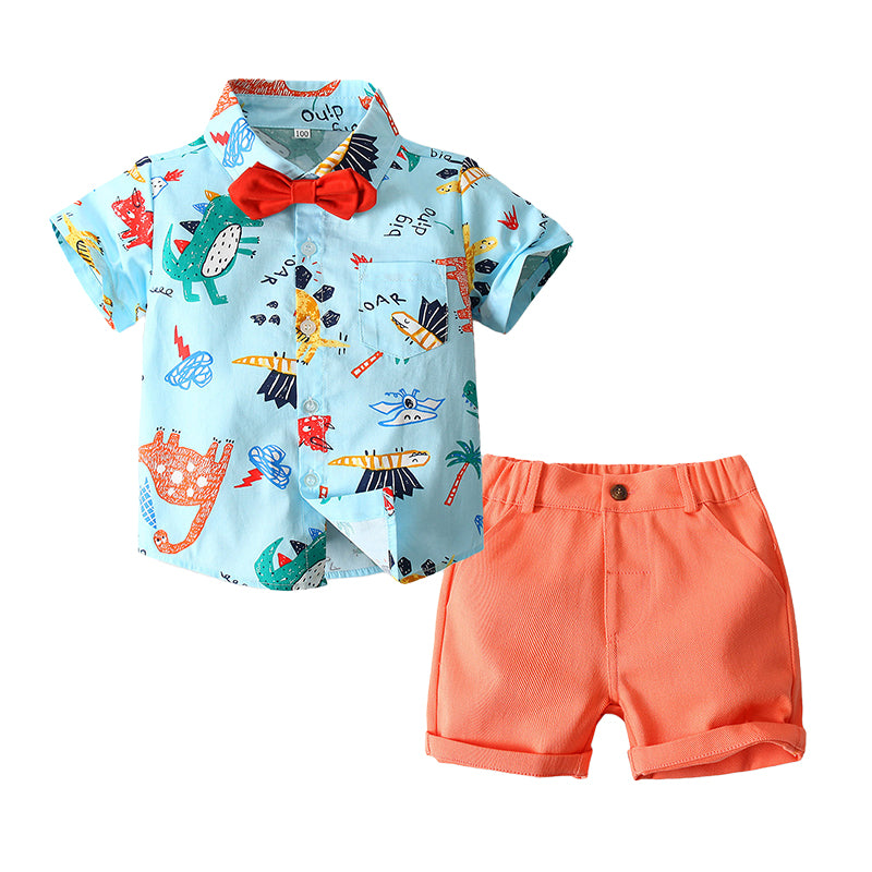 2 Pieces Set Baby Kid Boys Dinosaur Cartoon Bow Print Shirts And Shorts Wholesale 220425265