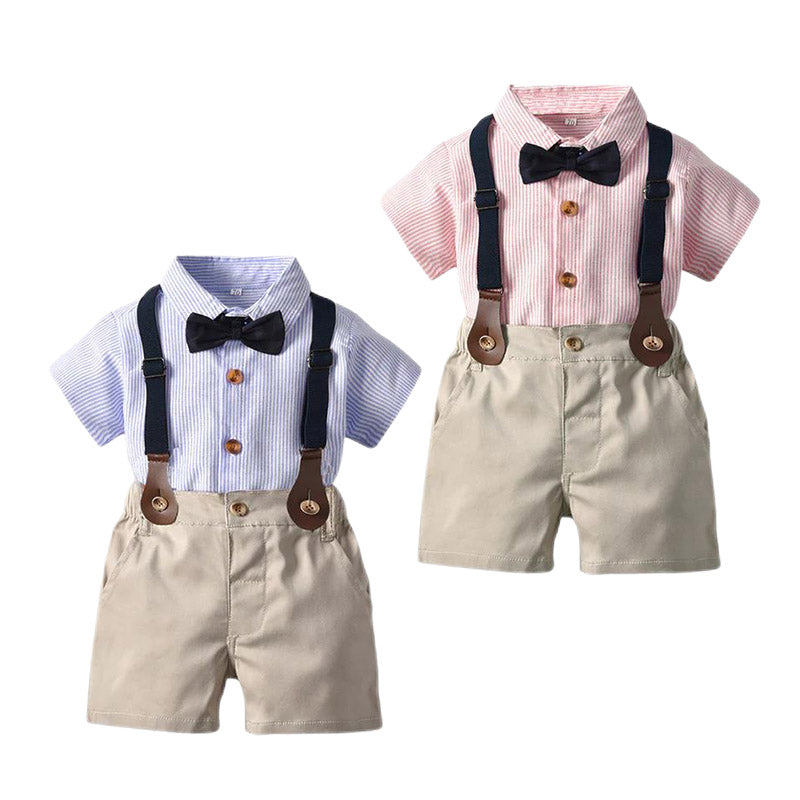 2 Pieces Set Baby Kid Boys Dressy Striped Bow Shirts And Solid Color Shorts Suits Wholesale 220526410