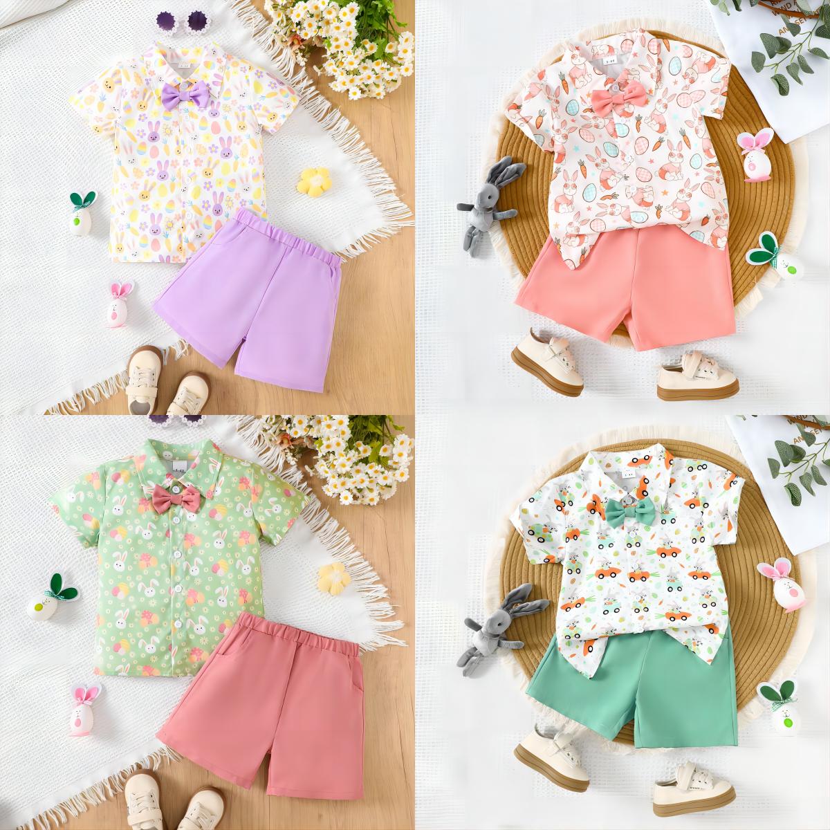 2 Pieces Set Baby Kid Boys Easter Animals Car Cartoon Shirts And Solid Color Shorts Wholesale 25021010