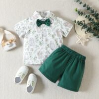 2 Pieces Set Baby Kid Boys Easter Rabbit Bow Print Shirts And Solid Color Shorts Wholesale 230220176