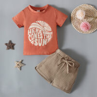 2 Pieces Set Baby Kid Boys Letters Cartoon Print T-Shirts And Solid Color Shorts Wholesale 230105323