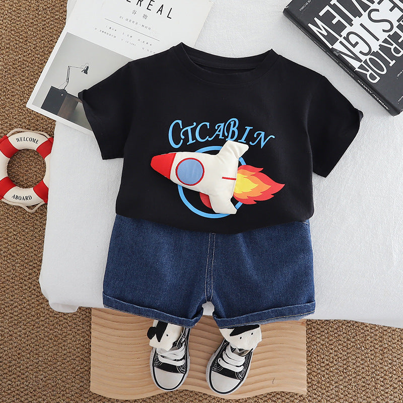 2 Pieces Set Baby Kid Boys Letters Cartoon T-Shirts And Solid Color Shorts Wholesale 250604110