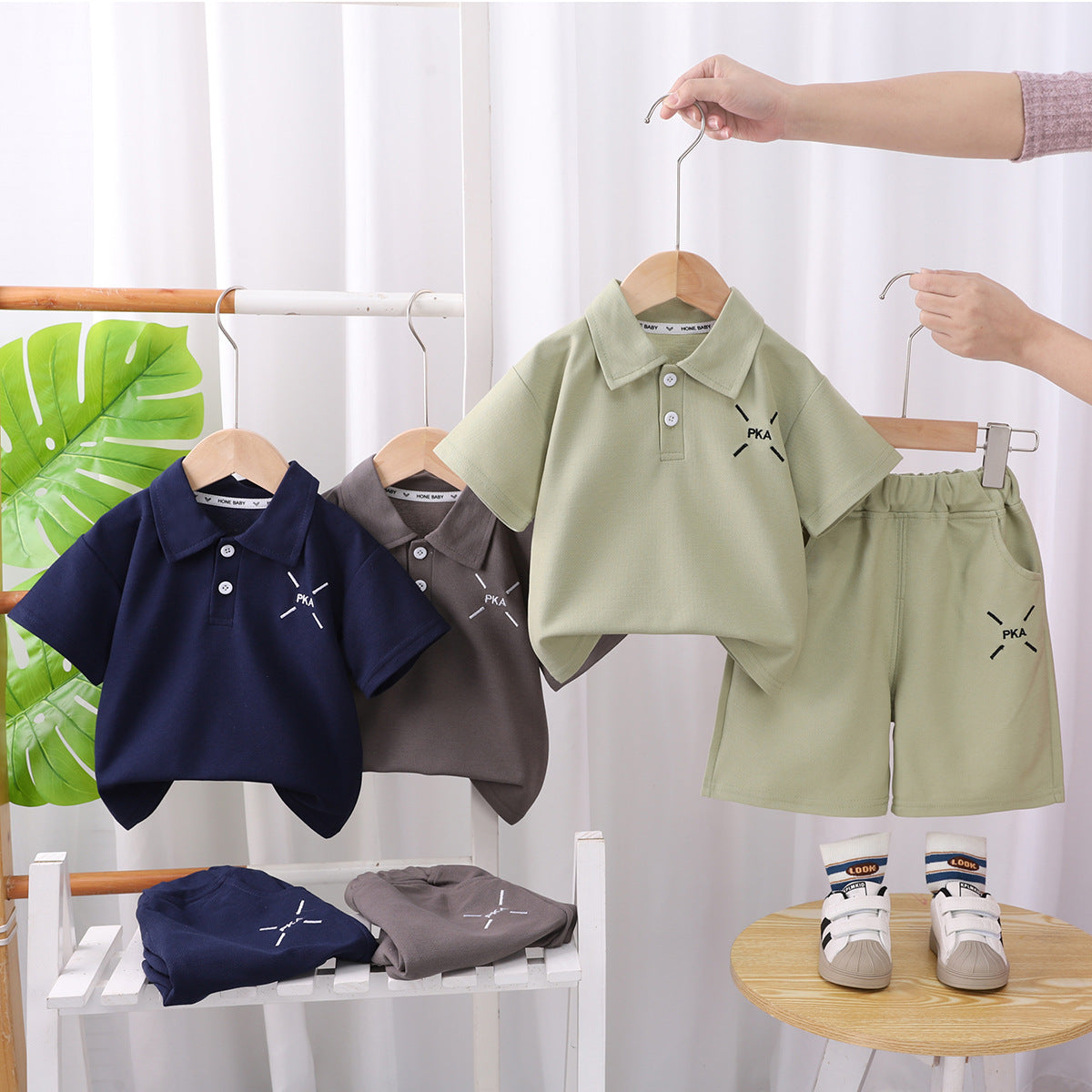 2 Pieces Set Baby Kid Boys Solid Color Letters Polo Shirts And Shorts Wholesale 25040366