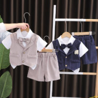 2 Pieces Set Baby Kid Boys Solid Color Striped Tops And Shorts Wholesale 25040381