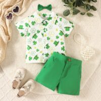 2 Pieces Set Baby Kid Boys St Patrick's Day Plant Print Shirts And Solid Color Shorts Wholesale 25010706