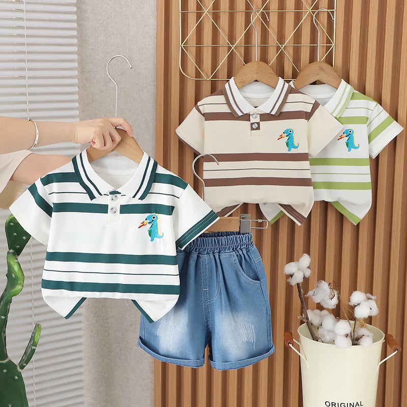 2 Pieces Set Baby Kid Boys Striped Dinosaur Tops And Solid Color Shorts Wholesale 25040344