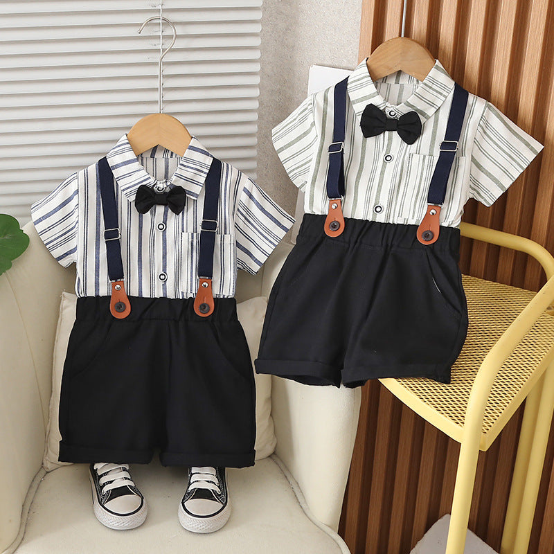 2 Pieces Set Baby Kid Boys Striped Shirts And Solid Color Shorts Wholesale 25040369