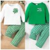 2 Pieces Set Baby Kid Girls Boys St Patrick's Day Solid Color Plant Tops And Checked Pants Wholesale 25010709