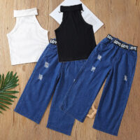 2 Pieces Set Baby Kid Girls Solid Color Tank Tops And Ripped Pants Wholesale 220620384