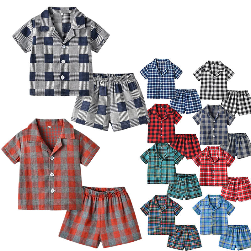 2 Pieces Set Baby Kid Unisex Checked Shirts And Shorts Sleepwears Wholesale 220302220