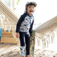2 Pieces Set Kid Boys Beach Color-blocking Print Tops And Ribbon Pants Swimwears Wholesale 22060675