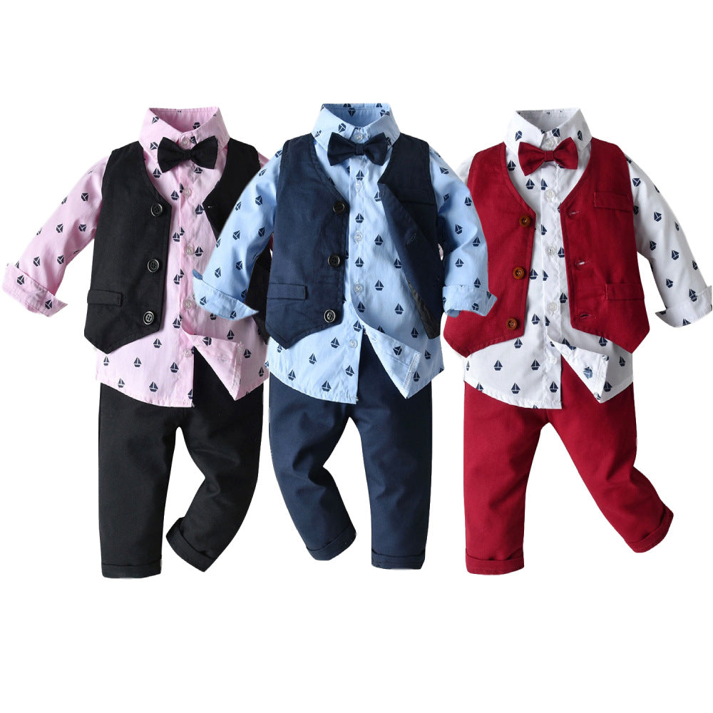 3 Pieces Set Baby Kid Boys Birthday Party Bow Print Shirts And Solid Color Vests Waistcoats And Pants Wholesale 23041130