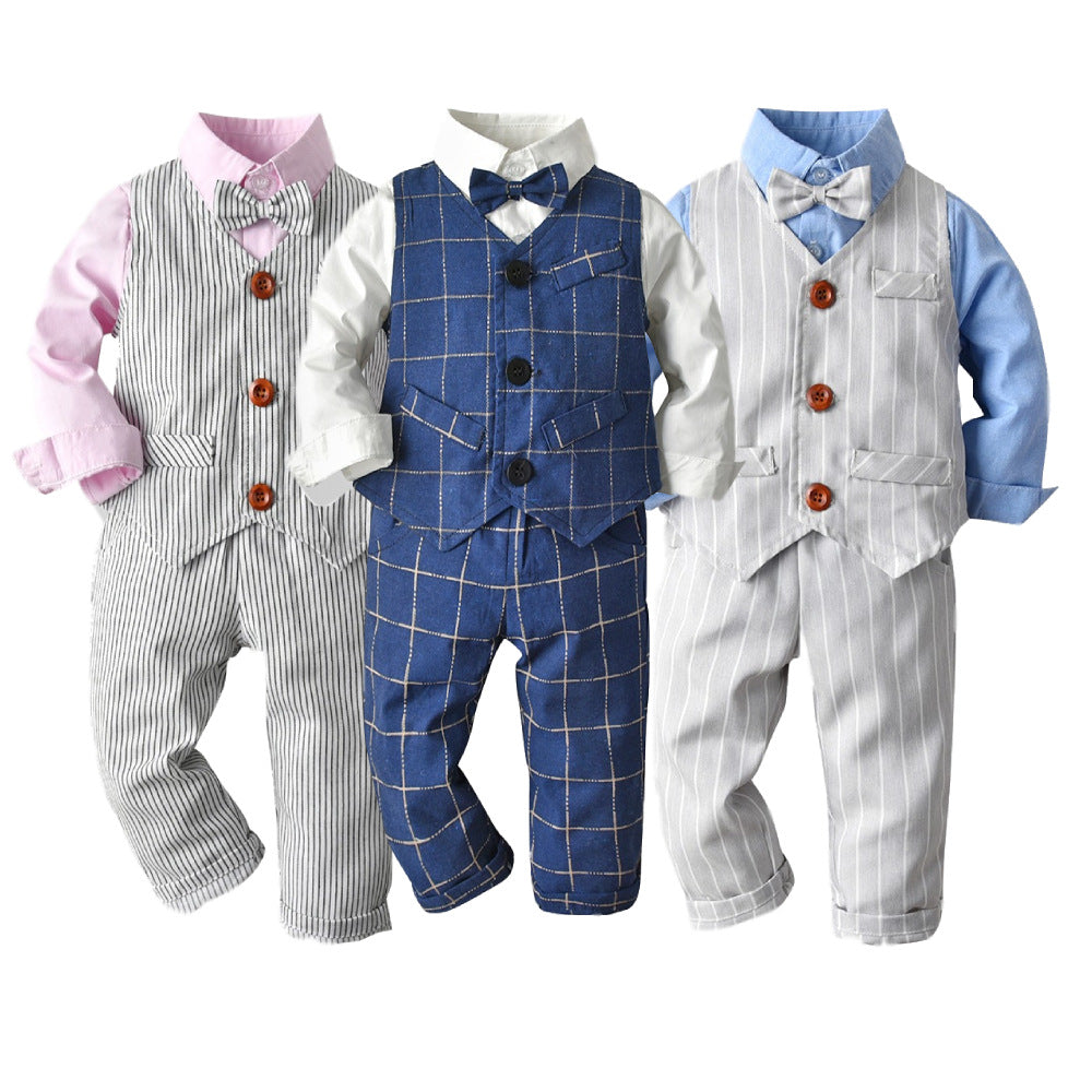 3 Pieces Set Baby Kid Boys Birthday Party Solid Color Bow Shirts And Striped Checked Vests Waistcoats And Pants Wholesale 23041127