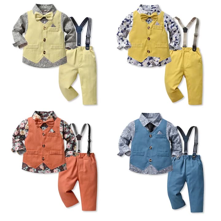 3 Pieces Set Baby Kid Boys Flower Bow Print Shirts And Solid Color Vests Waistcoats And Pants Suits Wholesale 230224117