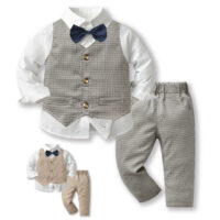 3 Pieces Set Baby Kid Boys Solid Color Bow Shirts Checked Vests Waistcoats And Pants Wholesale 230411136