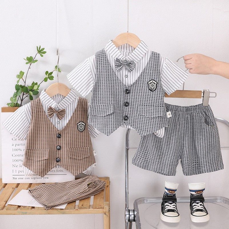 3 Pieces Set Baby Kid Boys Striped Shirts Checked Vests Waistcoats And Shorts Wholesale 250604119