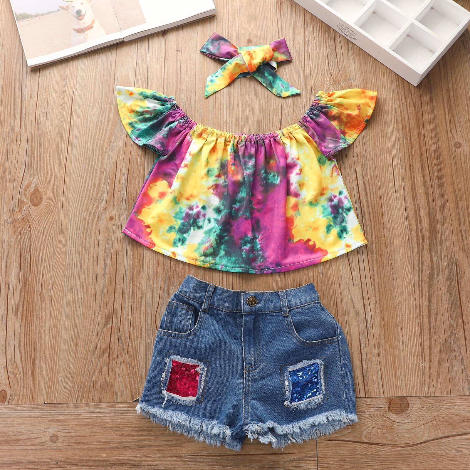 3 Pieces Tie-dye Off Shoulder Top & Sequins Denim Shorts & Headband Set Wholesale 21512274