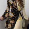 Autumn Black Print V-Neck Wrap Elegant Cocktail Dress