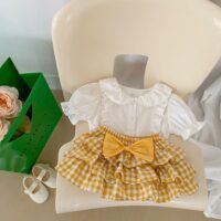 Baby Girls Solid Color Tops And Checked Bow Skirts Wholesale 230328170