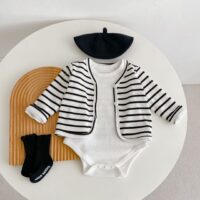 Baby Girls Striped Cardigan Knitwear And Solid Color Rompers Wholesale 220929668