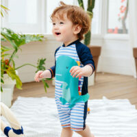 Baby Kid Boys Striped Color-blocking Dinosaur Print Beach Swimwears Wholesale 22060682